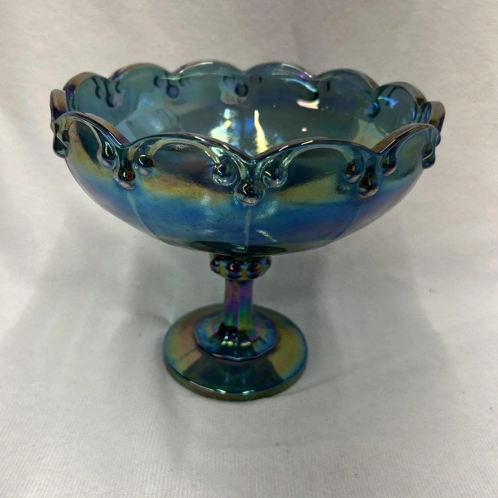 Vintage Indiana Glass Blue Carnival Glass Pedestal Compote Centerpiece Bowl